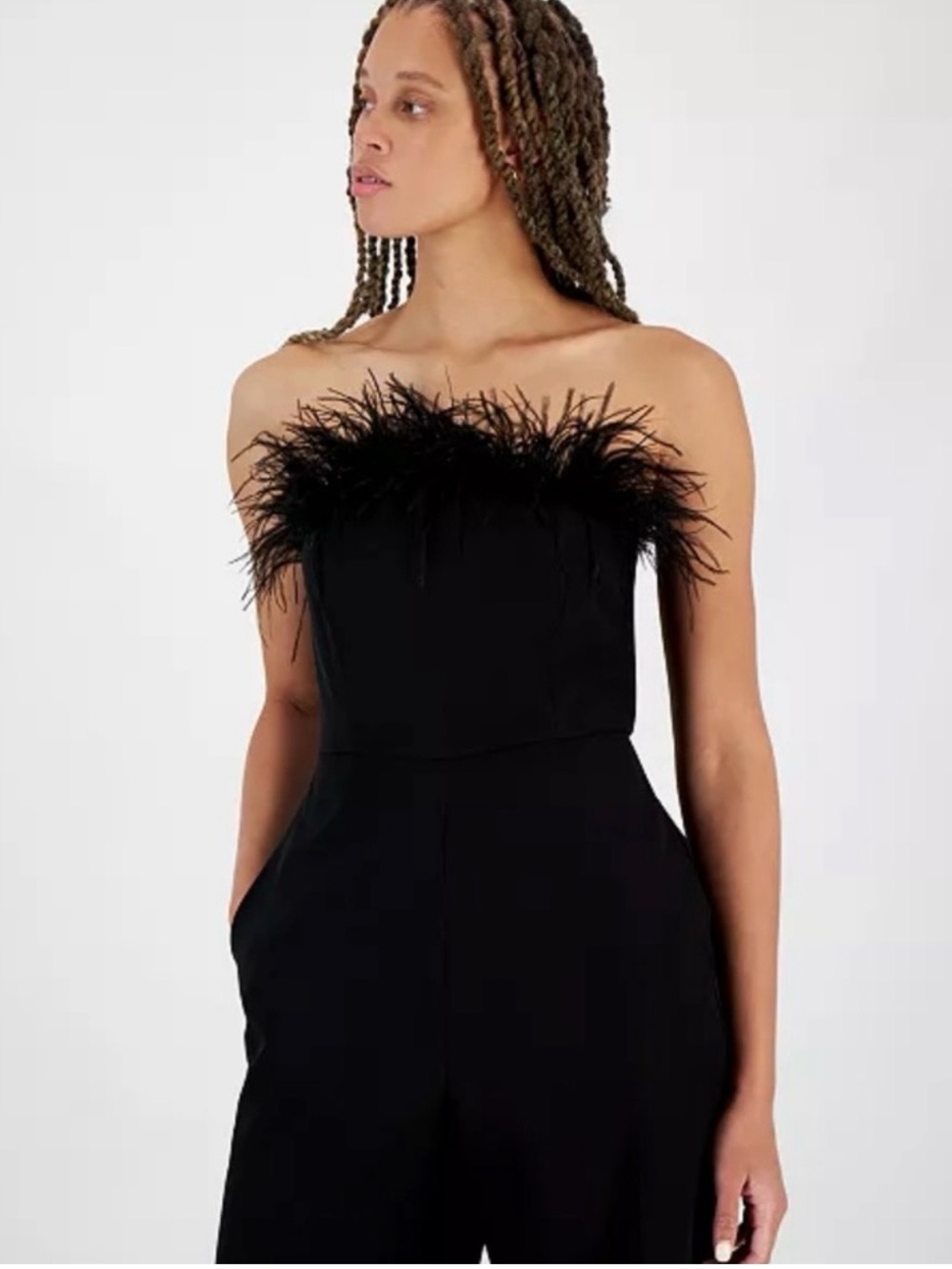 Sam Edelman Black Strapless Feather-Trim Jumpsuit